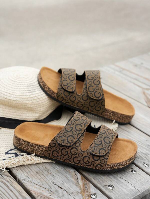 Chanclas casuales unisex para el verano, con diseño de dos correas a la moda y decoración de letras, suela de corcho suave para un uso cómodo, adecuado para salir y la playa