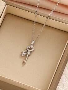 1pc Fashion Rhinestone Key Heart Pendant Necklace, Versatile, Delicate, Chic, Refined, Collarbone Necklace For Women