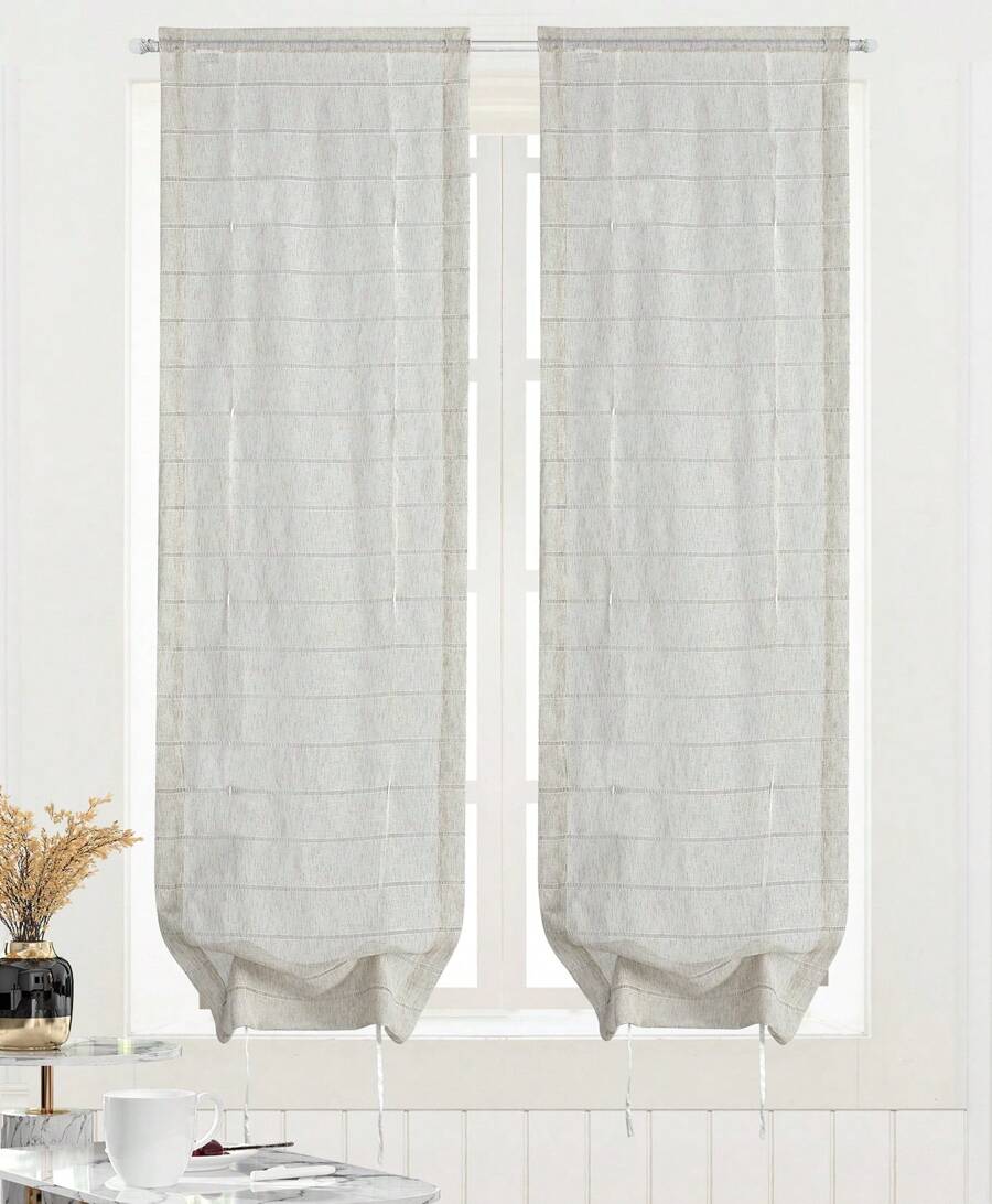 Transparent Voile Stripe Curtains With Elegant Design And Two Ribbons (2 Pieces), In 60x150 Cm And 60x240 Cm, Suitable For Different Living Areas And Families. - 米色 - 查看 1