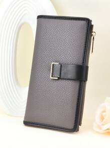 女士长款撞色拼接钱包，1 个红色 PU 多功能卡包钱包，优雅时尚扣式年轻学生大容量拉链零钱袋，轻巧方便携带，适合节日礼物 - 灰色 - 查看 4