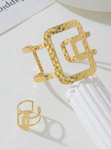 1 Set Asymmetrical Hollow Geometric Bracelet & Rings, Women Daily Wear - Gold - View 2