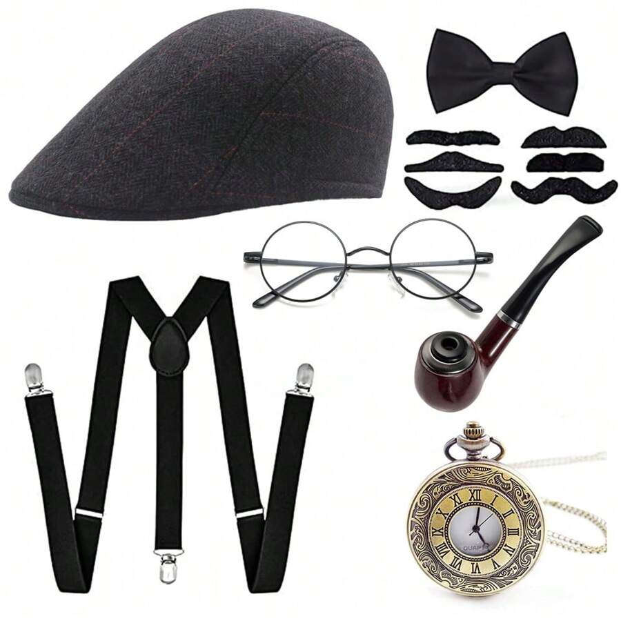 Bộ 7 phụ kiện nam thập niên 1920 Bộ phụ kiện Great Gatsby Bộ mũ nồi cho tiệc hóa trang theo chủ đề Halloween thập niên 1920 - Mũ nồi B - Xem 1