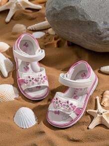 1 Pair Girls Sandals, New Flower Crystal Embellished Summer Children Shoes, Adjustable Strap And Lightweight EVA Sole, Suitable For Beach, Holiday And Everyday Casual Wear - Hot Pink - View 2