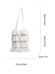 1 Pc White Fabric Casual Fresh Style Foldable Multi-Layer Pleated Open Tote Bag, Large Capacity Suitable For Women In Spring/Summer, College Student School Bag, Teenage Girls Outdoor Shopping Handbag For Phones, Wallets, Lipsticks, Keys, Tissue, Storage Pouch, Fashion Item