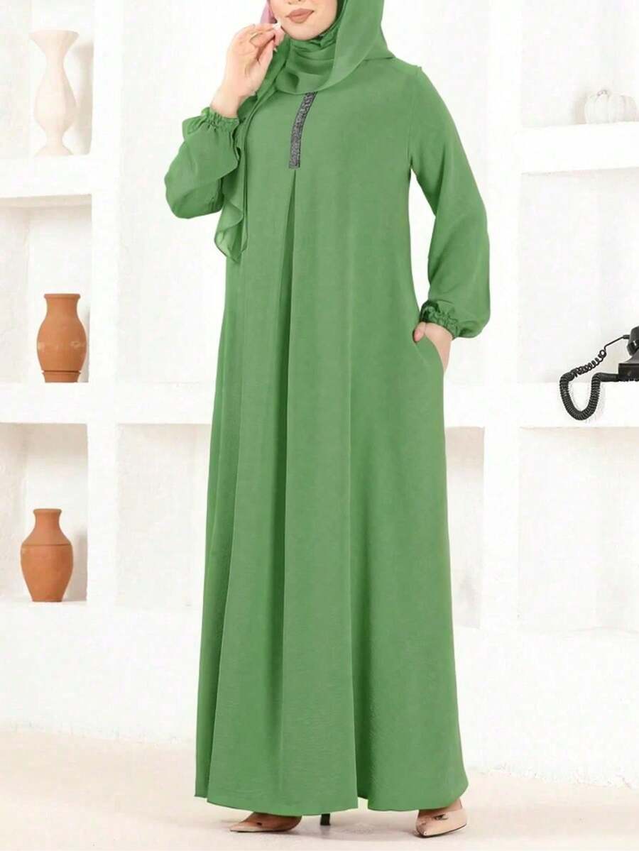 Gaun Tidur Panjang Longgar Warna Polos Leher Bulat Elegan untuk Wanita - Hijau - View 1