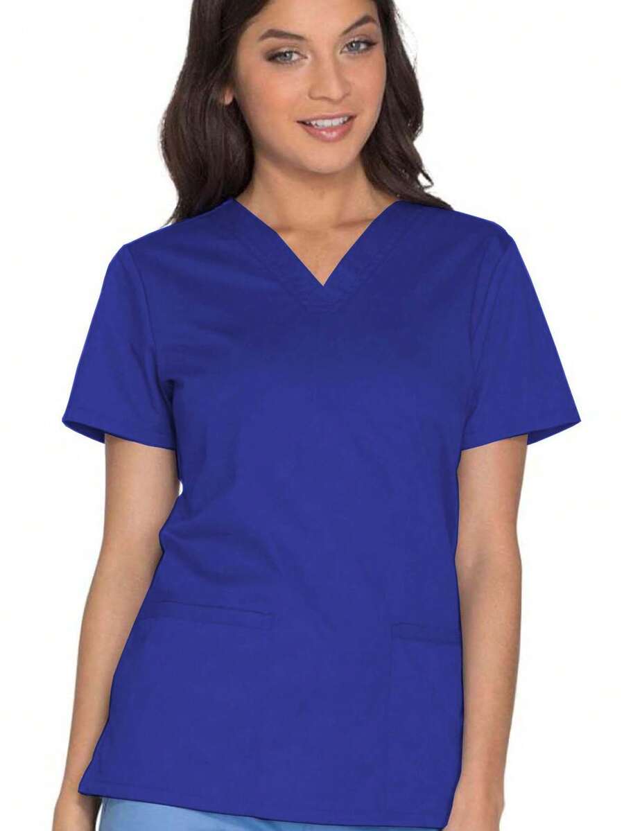 Camisa de uniforme de trabajo casual de manga corta con cuello en V, mate, para primavera - azul real - Ver 1
