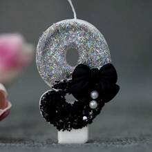 1 Pc Girl Style Black Collar Bow Pearl Theme Glitter Creative Number 0-9 Candles For Birthday Party Cake Decoration Atmospheric Feeling Birthday Baking Plug-In Decoration Suitable For Girls, Goddess,Princess Female Party Birthday Wedding Anniversary Celebration Supplies Gifts Graduation