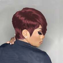 99J Wine Red Pixie Short Wig, Brazilian Human Hair, Glueless Full Lace Wig, Layered Short Wig With Bangs, Lace Front Wig - Burgundy - View 7