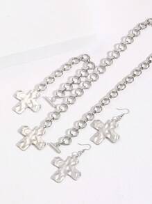3pcs Set Retro Simple Exaggerated Metal Cross Earrings, Chunky Chain Bracelet, Necklace With Cross Pendant Geometric Circle Hammer Pattern Jewelry Set, Suitable For Women Daily Wear