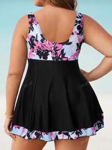 Plus Size Plant Print Front Knot Casual Tankini Swimsuit Set dla kobiet