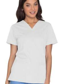 Blusa de cuello en V de manga corta con acabado mate, uniforme de trabajo informal, blusa de pijama primaveral en blanco - Blanco - Ver 1
