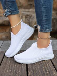 Plus Size Women's White Breathable Lace-Up Sneakers, Mesh Upper, Soft Sole, Shock Absorbing, Anti-Slip, Running Shoes, Casual Multifunctional Comfortable Outdoor Sports Shoes