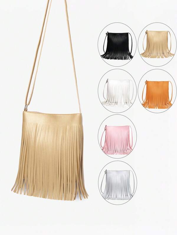 1pc Girls' Retro Fringed Vertical Bucket Bag, Fringe Crossbody Bag, Bohemian Vertical Phone Bag, Shoulder Bag, Ideal Gift