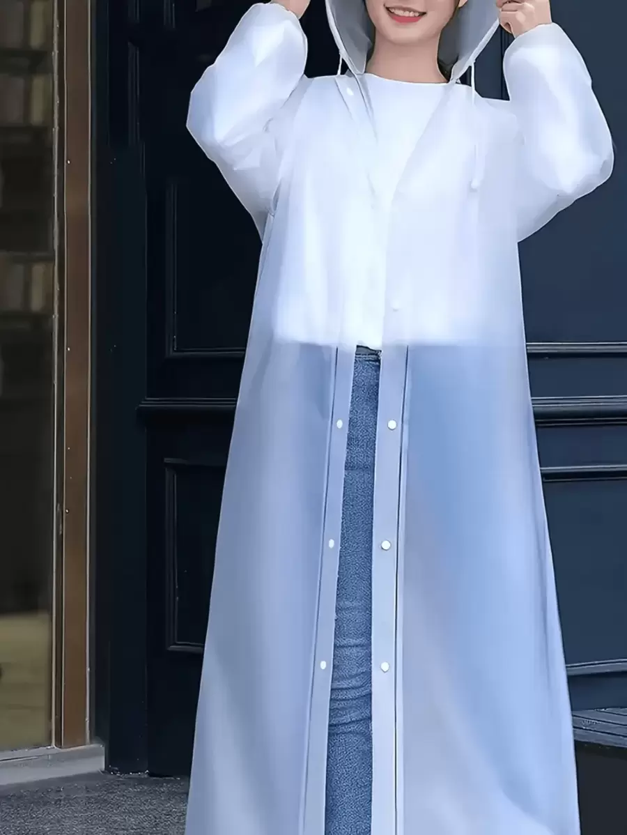 [Waterproof Rain Jacket] 1pc Ladies Waterproof EVA Rain Jacket, Stylish Breathable Hooded Button Rain Coat - Windproof, Full Coverage, With Hood And Drawstring, Reusable Thick EVA Waterproof Poncho, Suitable For Hiking, Outdoor Adventure, Cycling, Travel, Outdoor Activities And Daily Use, Portable Adult Women Rain Coat, Female Outdoor Gear, Trekking Rainwear | Long Sleeve Rain Jacket | Glossy Surface