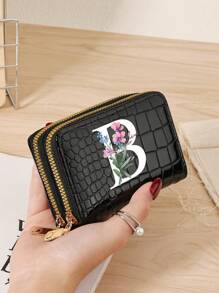 Stylish Crocodile & Stone Texture Women's Compact Card Holder With Multi-Functional Card Storage, Double Zipper Coin Compartment, And ID Window - Customizable A-Z Letter Print With Green Leaves And Pink Flowers Pattern