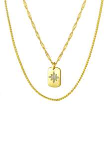 2pcs Set Elegant Middle East Inspired 18K Gold Plated Octagon Pendant Layered Necklaces, Suitable For Daily Wear & Festival Gifts