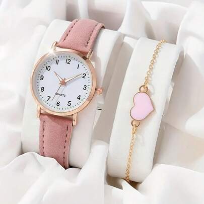 2pcs/1set Fashionable Simplistic Numeric Quartz Leather Strap Watch & Heart-Shaped Bracelet Set, Perfect Romantic Symbol, Best Gift For Her