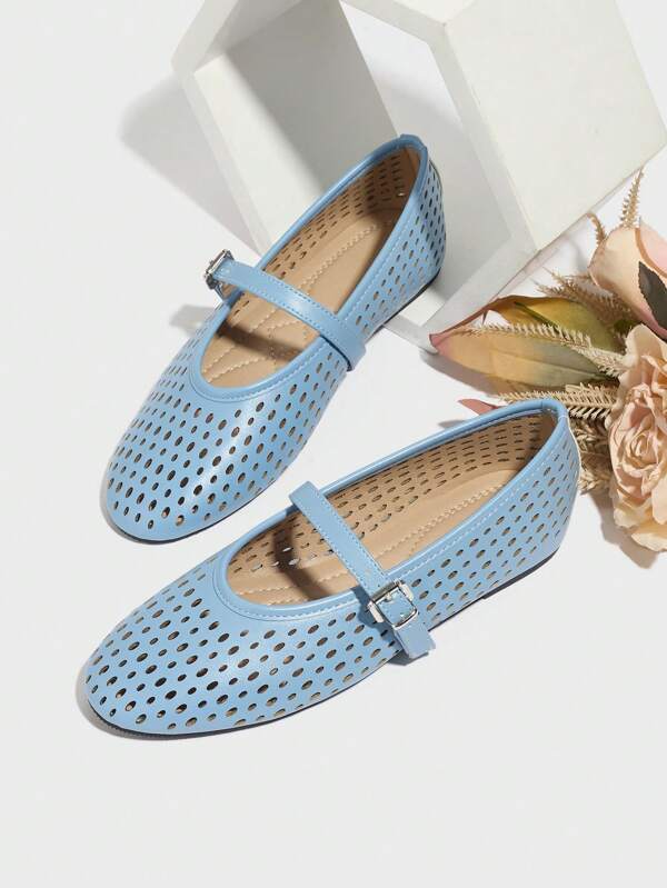 Women's Ballet Flats Cutout Perforated Breathable Hollow Sandals, Strap Mary Jane Shoes, Blue
