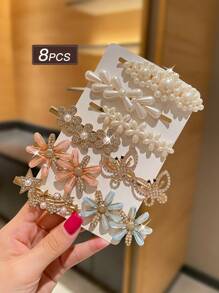 8 buc agrafe de păr cu perle artificiale și strasuri în culori mixte pentru femei, design versatil și elegant, potrivite pentru purtare zilnică casuală, agrafe cu gheare, agrafe de păr, articole școlare, accesorii de păr cu perle