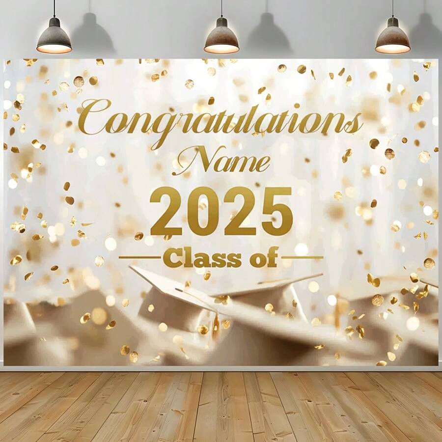 Graduation Season Theme Background Party Banner, Polyester, Customizable Name, Golden Colorful Bachelor's Hat Pattern, Suitable For Room, Living Room, Celebration Party Decoration Banner, Home Mural Decoration, Outdoor Decoration Supplies, 1 Piece - Multicolor - View 1