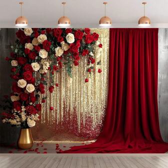 1pc Elegant Red Rose And Gold Glitter Polyester Backdrop - Multifunctional Decoration For Weddings, Birthdays, Anniversaries, Christmas, Valentine's Day, Father's Day And Mother's Day - Suitable For Rooms, Gardens, Yards - No Power Required
