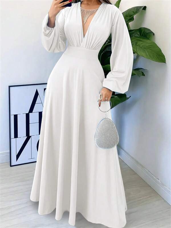 Women Elegant Solid Color Lantern Sleeve Dress