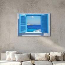 1 Pc, 3D Blue Window With Open Shutters Overlooking The Sea In Mykonos Original Canvas Wall Art Living Room Wall Decoration Bedroom Bathroom Frame Wall Poster Art Printing Hanging Paintings Hom 1