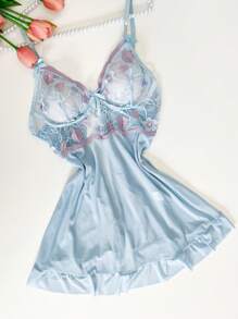 Camisón de lencería sexy con bordados y costuras de malla seductora