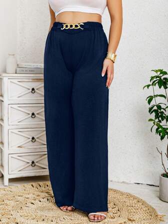 Plus Size Women's Wide Pants Elegant Color Gold Chain Accents Comfortable Female Autumn Clothes Solid Straight Leg Trousers