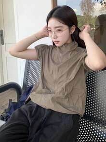 Chaqueta/abrigo de manga corta para mujer para otoño/invierno, nuevo unicolor de moda con cuello Mao único, manga abullonada, ligera y holgada de manga corta, adecuada para viajes al aire libre, senderismo, viajes diarios, estilo versátil - Marrón - Ver 5