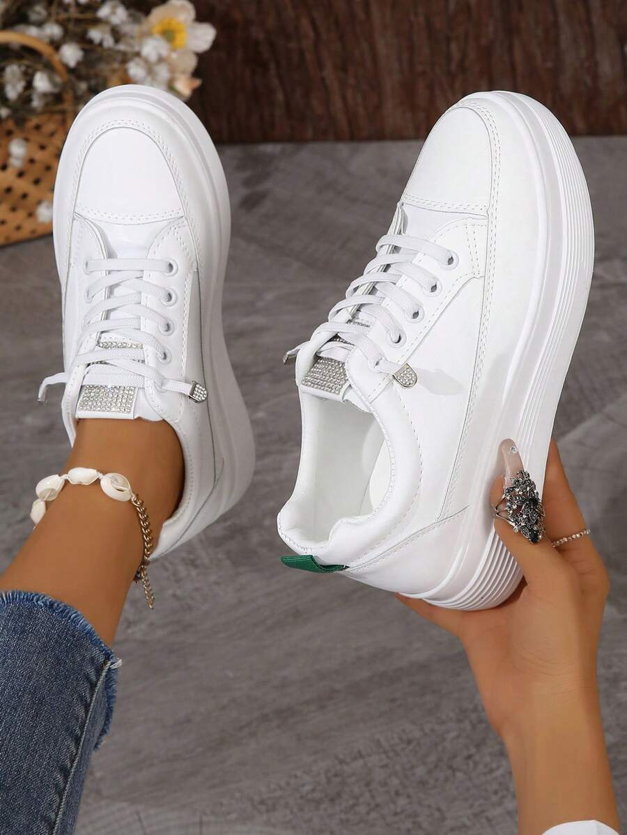 女式四季皮革缝线白色一脚蹬无鞋带休闲鞋舒适厚底运动鞋女式运动鞋 - 白色 - 查看 1