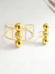 Set de 2 piezas, nuevo juego de joyería con flores esféricas enchapado en oro de 24K, pulsera y anillo, adecuado para vestido de fiesta, cena de aniversario de boda, uso diario casual para mujeres