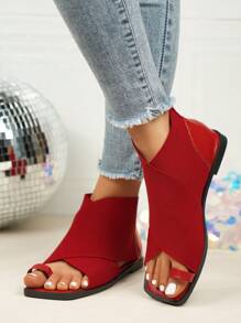 1双夏季舒适红色方头凉鞋，软底轻便百搭复古罗马鞋 - 紅色 - 查看 2