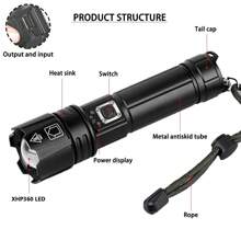 Linterna recargable LED | Linterna de 15000 lúmenes con chip XHP360 | Linterna impermeable IP67 y zoom | Linterna táctica con 5 modos de iluminación para acampada, senderismo, pesca y emergencias