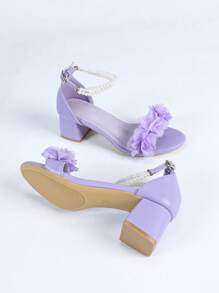 Women's High Heel Open Toe Chunky Heel Sandals With Faux Pearl Straps, French Floral Decor, Elegant Fashion Versatile Non-Tiring Wedding Shoes