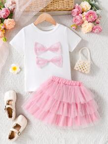 Set da 2 pezzi per ragazze: maglietta con decorazione in tulle e fiocco, gonna in più strati di tulle, stile dolce adatto per l'abbigliamento estivo