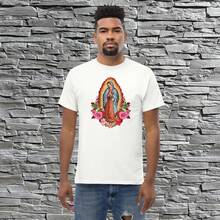 Playera de la Virgen " Guadalupana con Flores ". Playera 100% Algodón. Manga Corta. Cuello Redondo. - Blanco - Ver 3