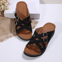 Vacation-Ready Wedge Sandals For Women - Adjustable Cross-Strap And Thick Sole - Black - View 8