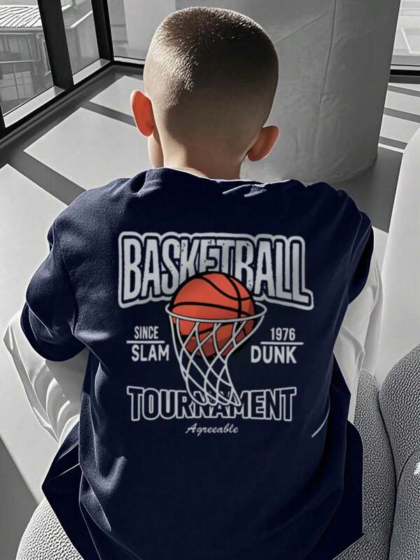 A Casual Printed Round Neck Pullover Short Sleeved T-Shirt For Boys And Young Students In Summer - Cool Basketball English Letter T-Shirt Brings Joy And Happiness To Every Child! Kids Clothes Boys Graphic Tees