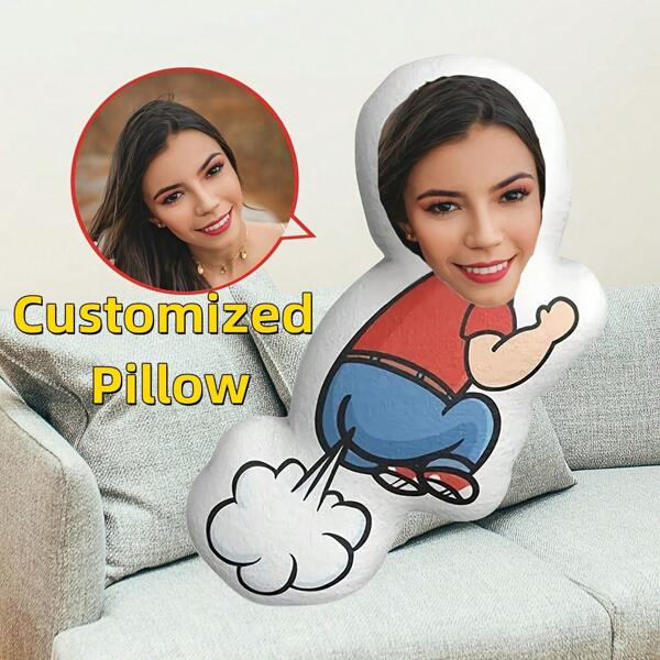 Oreiller personnalisable avec visage amusant - insérez une photo personnelle, un design de dessin animé joyeux avec une chemise rouge et un jean bleu, cadeau parfait pour les amis et les proches, cadeau de fête unique, pour la décoration du salon ou l'accessoire de literie, coussin adorable, multifonctionnel, réutilisable, ornemental, exquis, élégant, adorable, coloré, mignon, drôle, personnalisé, personnalisé, unique, cadeaux idéaux pour elle, cadeaux idéaux pour lui, pour les anniversaires, pour les anniversaires