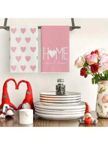2/4Pcs Heart Print Kitchen Towels, Pink Heart & HOME Pattern Decor Hand Towels For Cooking Baking Table Cleaning Home Kitchen Decor Gift - Pink - View 8