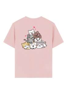 1pc Girls Casual Cat Print Crew Neck Short Sleeve T-Shirt, Summer Student Young Childrenswear - Cute Cat Group Artistic Style T-Shirt Inspires Imagination And Self-Expression