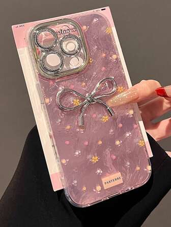 Elegant Pink Ditsy Floral Metal 3D Butterfly Decor Phone Case Compatible With IPhone 16 Pro Max, New IPhone 15 Pro, IPhone 14 Plus, 13, 11, Women Full Frame & Lens Cover 12/11 Protective Case Waterproof Shockproof Anti-Fall Scratch Resistant