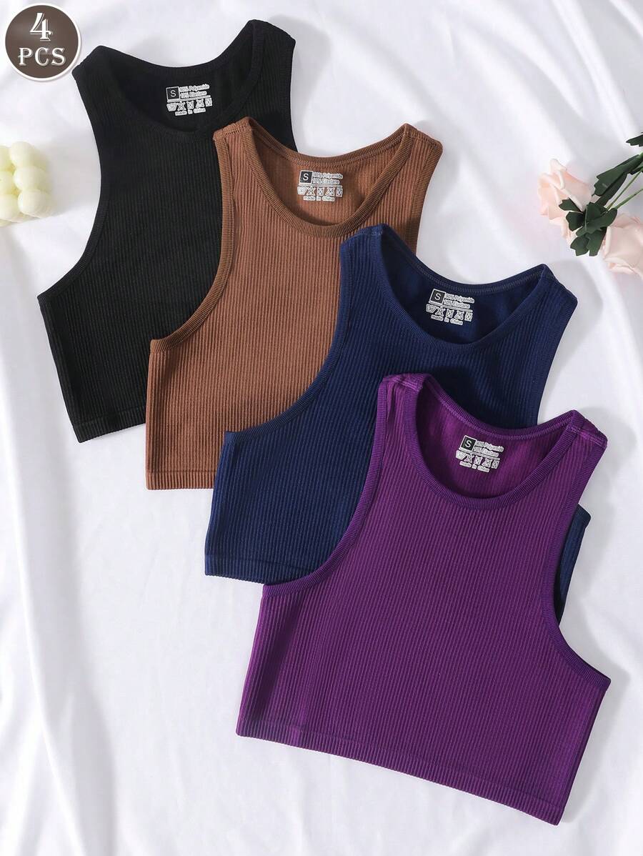 4pcs/Set Women Casual Sports Bras Without Pads, Breathable & Comfortable Athletic Tops - 彩色 - 查看 1