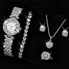 6 pièces/set Montre à quartz élégante pour femmes avec bracelet, boucles d'oreilles, collier et bague assortis aux multiples diamants et motif d'écailles romaines. Convient pour une utilisation quotidienne.