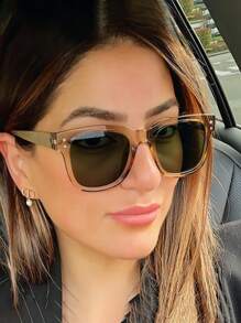 1 Pair Olive Green Square Large Frame Fashionable Fashion Glasses, Suitable For Outdoor Use