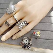6pcs/Set Baroque Inspired Faux Pearl Flower Ring Set, Vintage Retro Bold Adjustable Cocktail Rings For Women