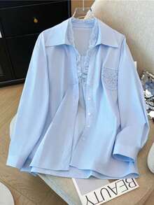 Women's Solid Color Lace Splicing 2 In 1 Blouse - Blue - View 4