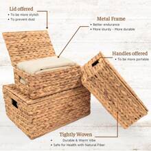 Wicker Storage Baskets With Lid, Basket With Lid Decorative Storage Rectangle 14"D X 11"W X 7"H Wicker Storage Basket With Lid Large Rattan Storage Box Hyacinth Baskets - 1 - View 6