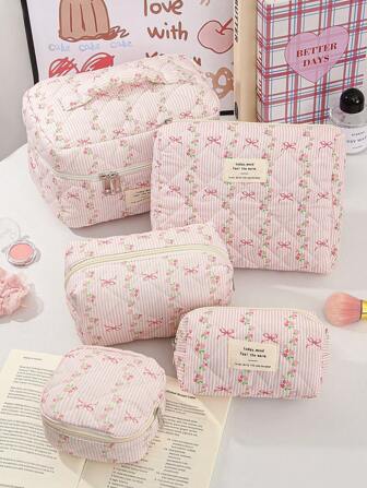 1 pezzo/set Borsa da trucco da donna grande capacità con motivo fiori rosa e righe a nodo, borsa cosmetica da viaggio, borsa porta trucchi per ragazze, borsa porta oggetti per cosmetici e accessori, per rossetti, pennelli, prodotti per la cura della pelle, telefono cellulare, monete, piccoli oggetti, adatta per uso domestico, viaggi, vacanze e scuola, adatta anche come regalo per damigelle, mamma, compleanno, amici